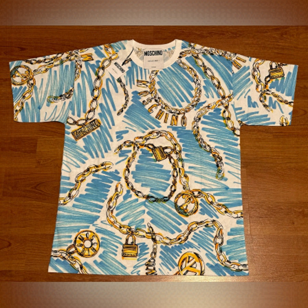 MOSCHINO unisex gold chain tshirt in blue and yellow